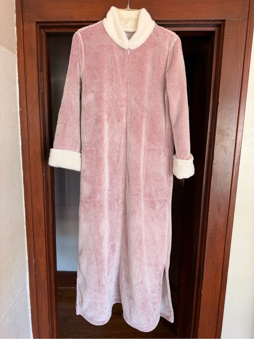 Natori Plush Lynx Fleece Mandarin Collar Zip Front Lounger Robe Maxi Pink Sz Med